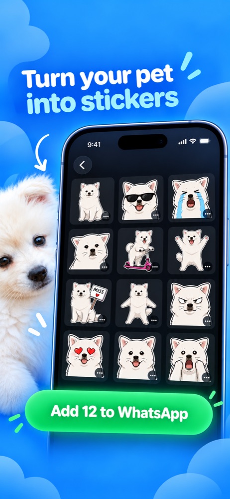 A white puppy turned into a pack of expressive illustrated stickers in ZipZap